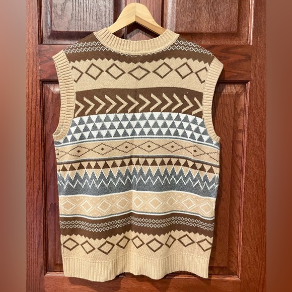 Hollister/Social Tourist tan, brown, blue, cream sweater vest. Size small. - Picture 2 of 4